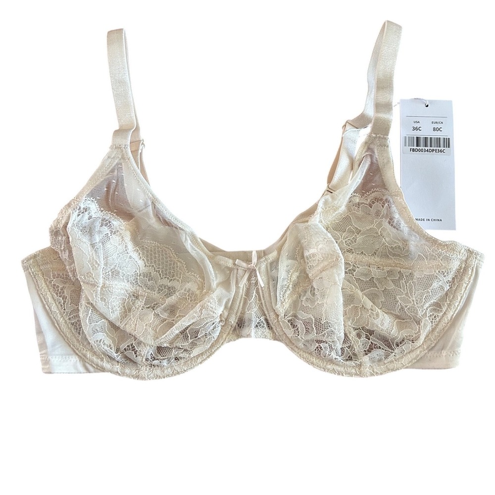 NWT HSIA Lace Underwire Bra 36C Ivory Sheer Floral Unlined Support Bra